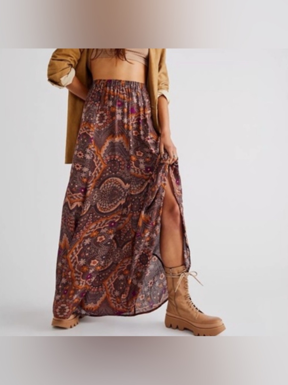 Free People Boho Paisley Maxi Skirt in Brown & Orange